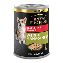 13oz can of Purina Pro Plan weight management beef and rice wet dog food