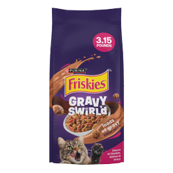 Friskies Gravy Swirlers With Flavors of Chicken, Salmon & Gravy Dry Cat Food package