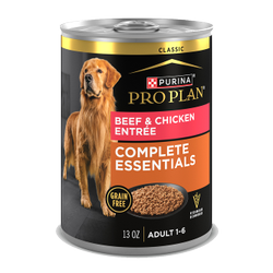 13oz can of Purina Pro Plan Complete Essentials grain free beef and chicken wet dog food