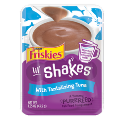 Friskies lil' shake tantalizing tuna flavored cat food complement pouch