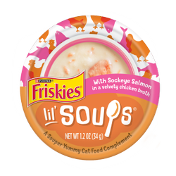Friskies lil' soups with sockeye salmon in a velvety chicken broth flavored cat food complement pouch