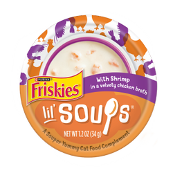 Friskies lil' soups with shrimp in a velvety chicken broth flavored cat food complement pouch