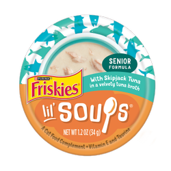 Friskies lil' soups with tuna in a velvety tuna broth flavored cat food complement pouch