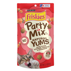 friskies party mix natural yums cat treats with real salmon pouch
