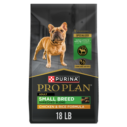 18 pound bag of Purina Pro Plan Small Breed Shredded Blend chicken and rice dry dog food