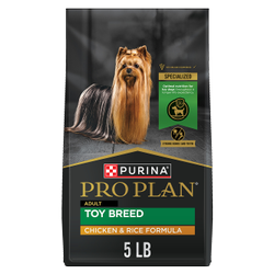 5 pound bag of Purina Pro Plan Toy Breed chicken and rice dry dog food.