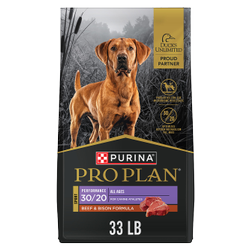 33 pound bag of Purina Pro Plan Sport Performance 30/20 beef and bison formula dry dog food