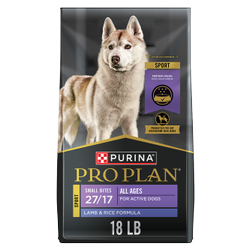 18 pound bag of Purina Pro Plan Sport Small Bites 27/17 lamb and rice formula dry dog food