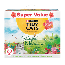 23 lb. box of Tidy Cats Tidy Cats Blissful Meadow scented odor control clumping super value cat litter.