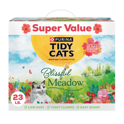 caja de 23 lb de Tidy Cats Tidy Cats Blissful Meadow arena para gatos aglomerante de control de olores con fragancia de gran valor.