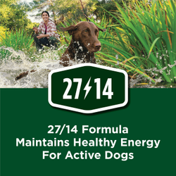A smiling woman watches her chocolate lab run through water in a scenic forest. The bottom half of the photo shows a green background with text that reads 27/14 formula maintains health energy for active dogs. A green and white badge with a lightening bolt and 27/14 connects the top and bottom part of the image.