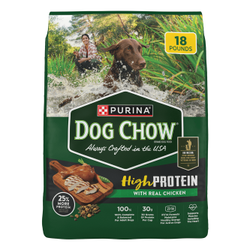 A bag of Purina Dog Chow High Protein With Real Chicken