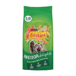 Friskies Indoor Delights Dry Cat Food With Flavors of Chicken, Salmon, Peas and Carrots package