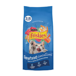 Friskies Seafood Sensations Dry Cat Food With Flavors of Salmon, Tuna, Shrimp and Seaweed package