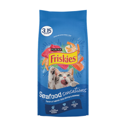 Empaque de Friskies Seafood Sensations Alimento Seco para Gatos con sabores de salmón, atún, camarón y algas marinas