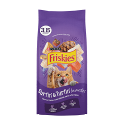 Friskies Surfin’ & Turfin’ Favoritos Alimento Seco para Gatos con sabores de pollo, pescado blanco, salmón & filete miñón