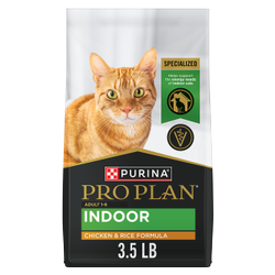 A 3.5 lb bag of Pro Plan Indoor Adult Chicken and Rice dry cat food.
