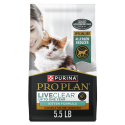 5.5 pound bag of Purina Pro Plan LiveClear Up to One Year chicken and rice dry kitten food