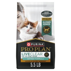 5.5 pound bag of Purina Pro Plan LiveClear Up to One Year chicken and rice dry kitten food