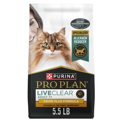 5.5 pound bag of Purina Pro Plan LiveClear Prime Plus chicken and rice senior dry cat food