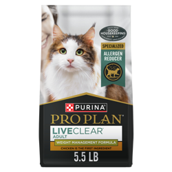 Bolsa de 5.5 lb de Purina Pro Plan LiveClear Control de Peso alimento seco para gatos adultos de pollo y arroz
