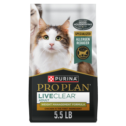 5.5 pound bag of Purina Pro Plan LiveClear Weight Management chicken and rice adult dry cat food
