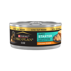 A 5.5 oz can of Purina Pro Plan Puppy Starter ultra soft mousse chicken entrée wet puppy food