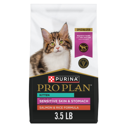 A 3.5 lb bag of Pro Plan Sensitive Skin and Stomach Salmon and Rice dry kitten food
