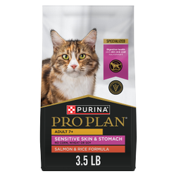A 3.5 lb bag of Pro Plan Sensitive Skin and Stomach Adult Seven Plus Salmon and Rice dry cat food