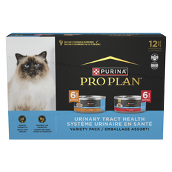 A box of 12 count Pro Plan Urinary Tract Health Chicken & Beef variety pack wet cat food.
