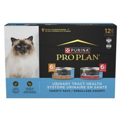 Una caja de 12 unidades del paquete surtido de alimento húmedo para gatos Pro Plan Urinary Tract Health Pollo y Res.