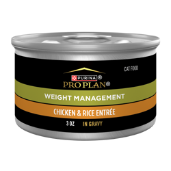 Una lata de 3 oz de alimento húmedo para gatos Purina Pro Plan Control de Peso Pollo y Arroz en salsaUna lata de 3 oz de alimento húmedo para gatos Purina Pro Plan Control de Peso Pollo y Arroz en salsa
