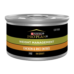 A 3 oz can of Purina Pro Plan Weight Management Chicken and Rice in gravy wet cat food