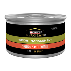A 3 oz can of Purina Pro Plan Weight Management Salmon and Rice in gravy wet cat food