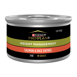 Una lata de 3 oz de alimento húmedo para gatos Purina Pro Plan Control de Peso Salmón y Arroz en salsa