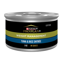 A 3 oz can of Purina Pro Plan Weight Management Tuna and Rice in gravy wet cat food