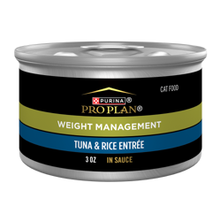 Una lata de 3 oz de alimento húmedo para gatos Purina Pro Plan Control de Peso Atún y Arroz en salsa