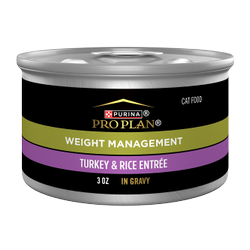 A 3 oz can of Purina Pro Plan Weight Management Turkey and Rice in gravy wet cat food