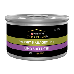 Una lata de 3 oz de alimento húmedo para gatos Purina Pro Plan Control de Peso Pavo y Arroz en salsa