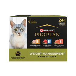 A 24 count variety pack of Purina Pro Plan Weight Management Chicken Tuna or Salmon wet cat food