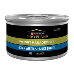Una lata de 3 oz de alimento húmedo para gatos Purina Pro Plan Control de Peso Pescado Blanco del Océano y Arroz en salsa