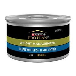 A 3 oz can of Purina Pro Plan Weight Management Ocean Whitefish and Rice in gravy wet cat food