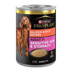 Purina Pro Plan Adulto 7+ Piel y Estómago Sensibles con Salmón y Arroz Alimento Húmedo para Perros.