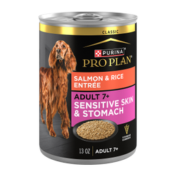 Purina Pro Plan Adult Seven Plus Sensitive Skin and Stomach Salmon and Rice wet dog food.