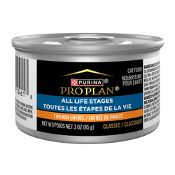 A 3 oz can of Purina Pro Plan All Life Stages Chicken Pate wet cat food
