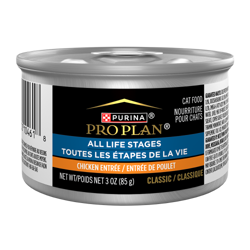 Una lata de 3 oz de alimento húmedo para gatos Purina Pro Plan Todas las Etapas de la Vida Paté de Pollo