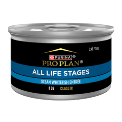 A 3 oz can of Purina Pro Plan All Life Stages Ocean Whitefish Pate wet cat food