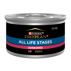 Una lata de 3 oz de alimento húmedo para gatos Purina Pro Plan Todas las Etapas de la Vida Paté de Salmón