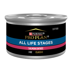 A 3 oz can of Purina Pro Plan All Life Stages Salmon Pate wet cat food