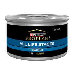 A 3 oz can of Purina Pro Plan All Life Stages Tuna Pate wet cat food